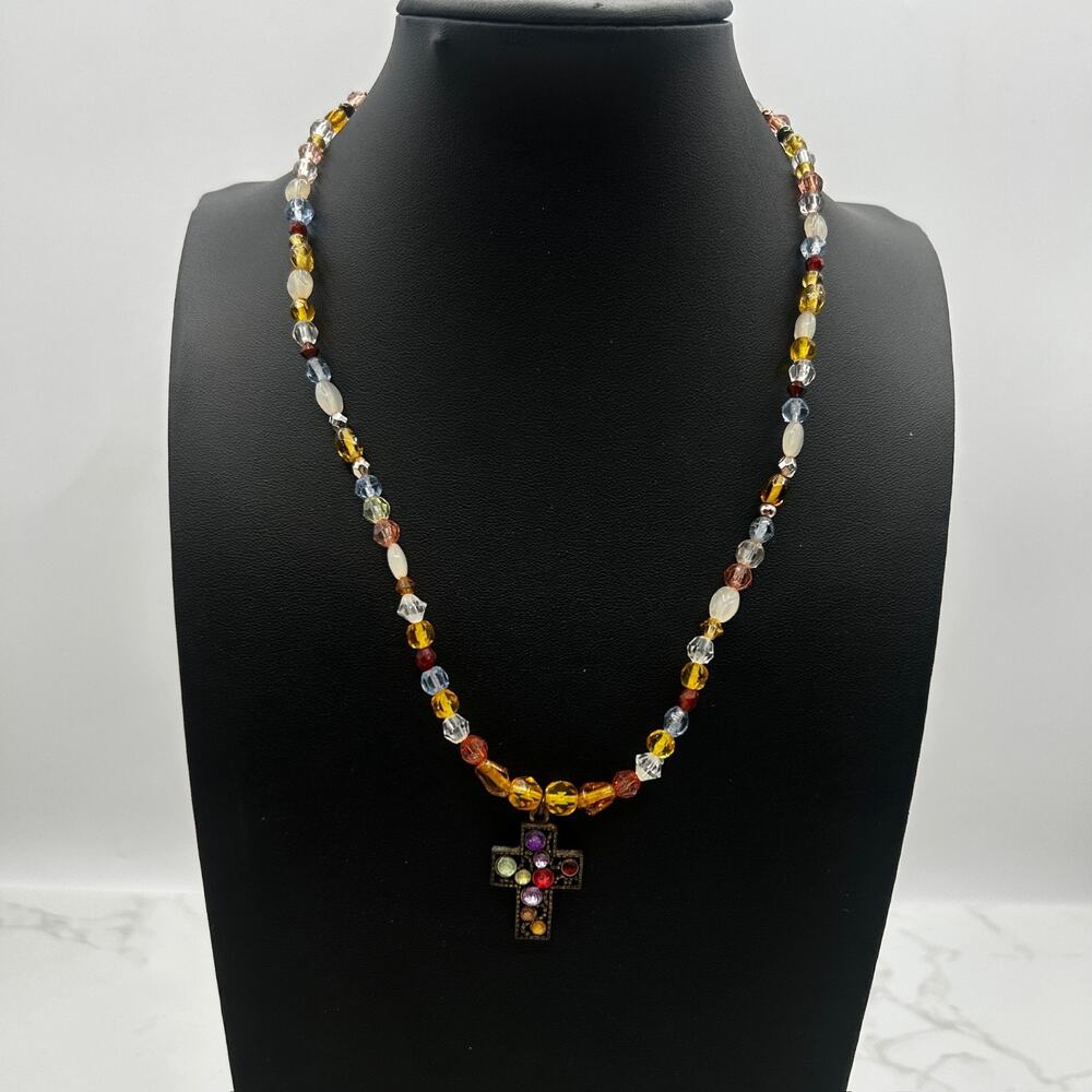 Multicolor Beaded Necklace Jewel-Tone Cross Pendant Boho Y2K Statement 22in